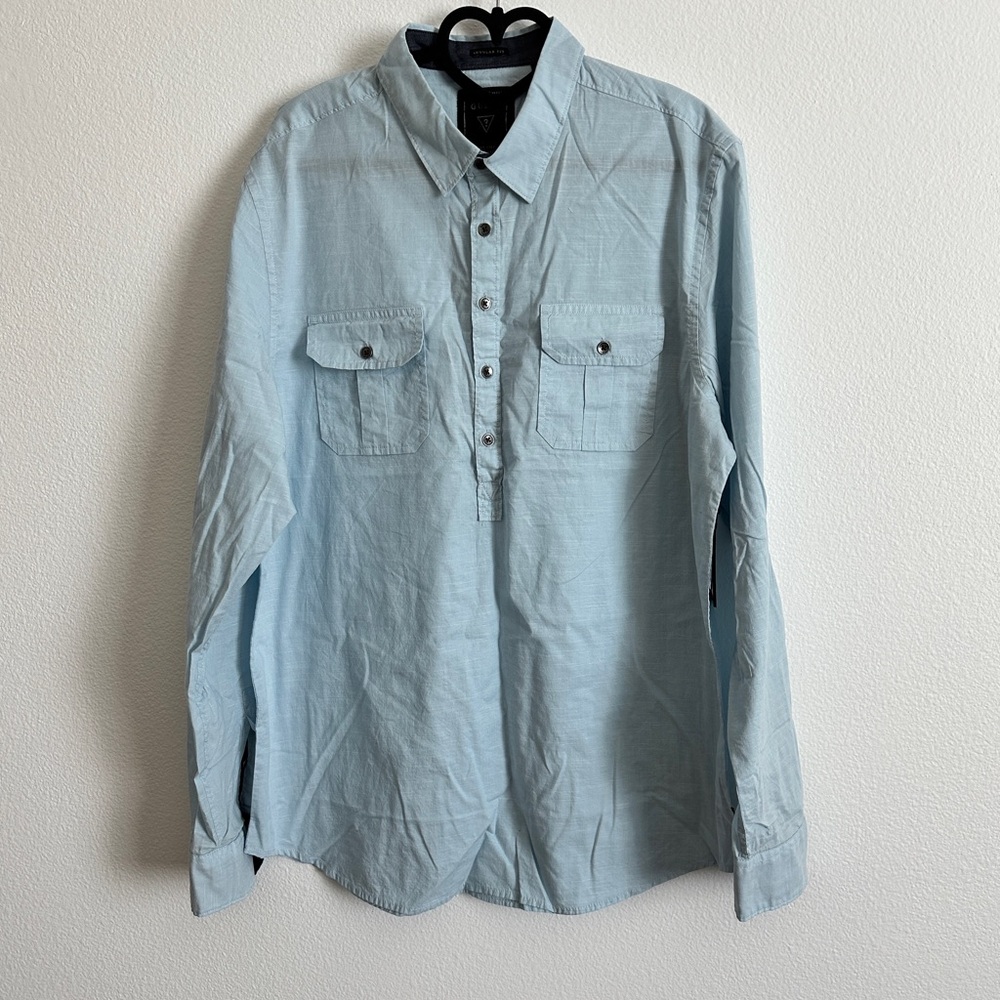 Guess Blue Military Popover Button Down Double Pocket Shirt Size L